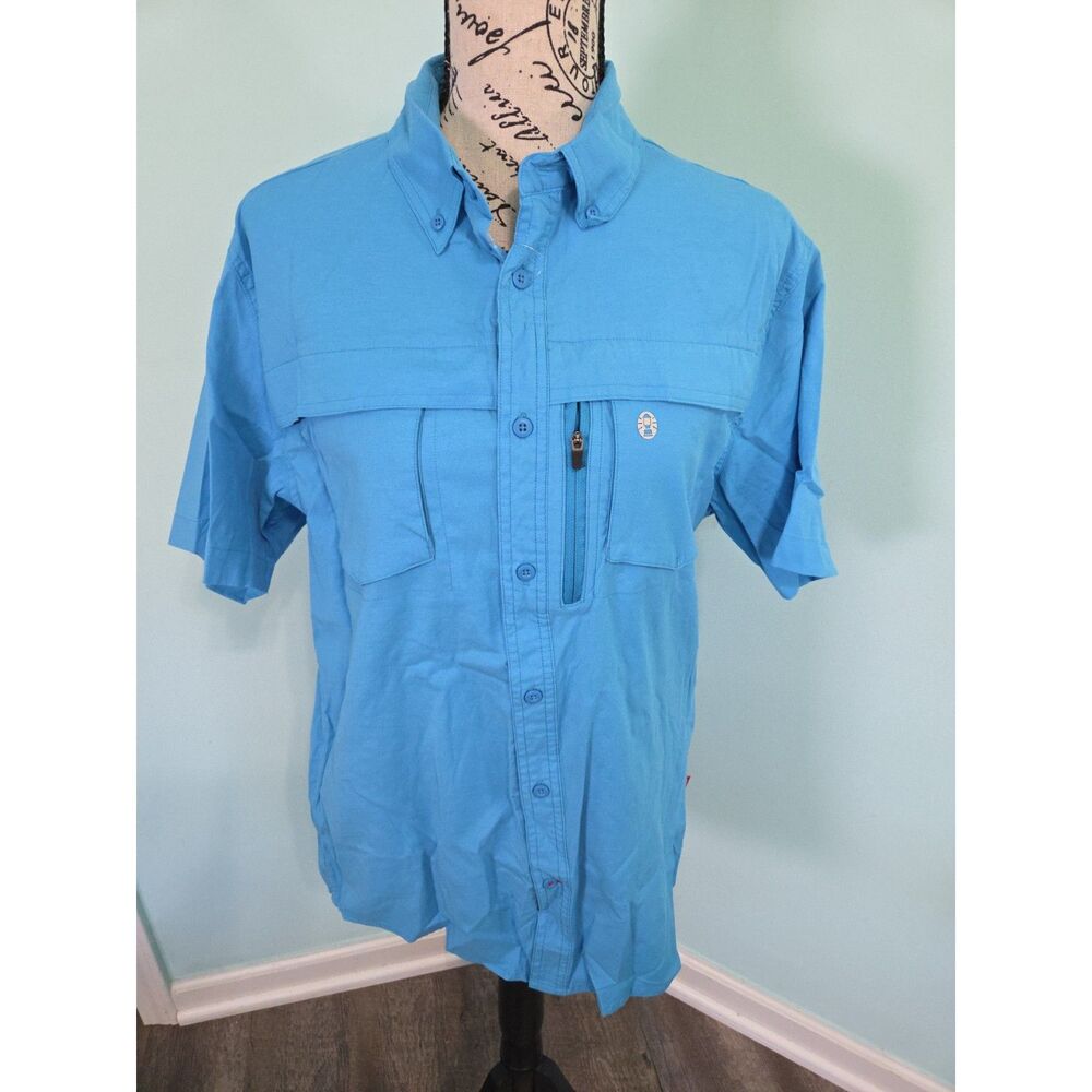 Coleman Shirt Mens medium Blue Button Up Pockets Outdoor Adventure Vented Back